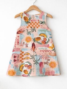 Anthro Paper Hearts~Women Linen Summer Haze Playful Fruit Dress~Pink Tropical~M